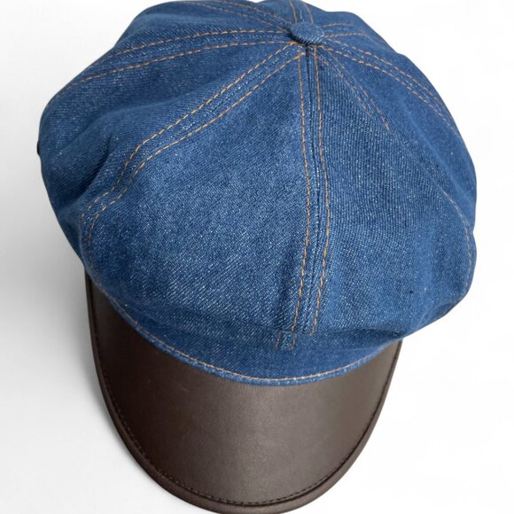Vintage Denim Jean Leather Fisherman Captain Disco Sterkowski Cap Hat One Size - Picture 7 of 9